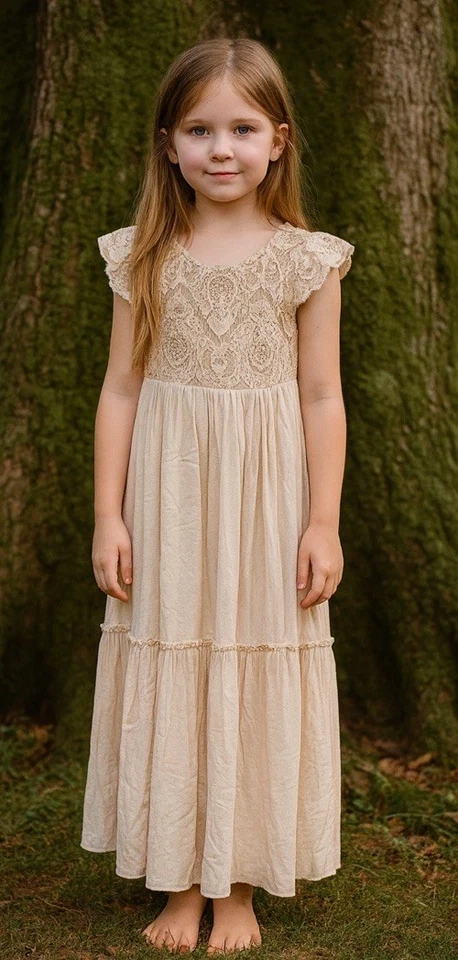 Mia Joy Girl’s Maxi Dress Beige Tiered Ruffle Pageant Fancy Tea Party Size 10 - Image 1 of 4