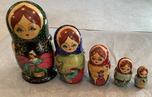 Vintage 7 Zoll Holz russische Matroschka verschachtelte Puppen handbemalt 5er Set - Bild 1 von 11