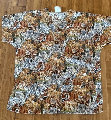 S.C.R.U.B.S Womens Size Large Tiger Themed Scrub Top Pockets Tigers 100% Cotton - Image 1 of 4
