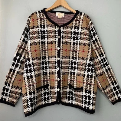Vtg Tally Ho Boxy Plaid Sweater Plus Size 2X Cardigan Equestrian Twee Academia - Image 1 of 4