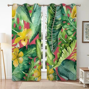 Tropical Plants Curtains, Chic Green Palm Leaves Plant Print Window Curtains ... - Picture 1 of 7