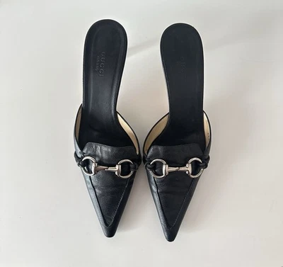 Gucci Vintage Tom Ford Era Black Leather Silver Horsebit Kitten Heel Mule Sz 7.5 - Image 1 of 4
