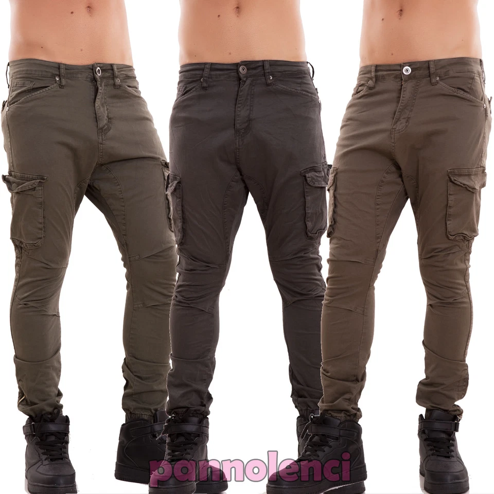 Pantaloni uomo cargo militari slim tasconi cotone cavallo basso polsini J3281 - Immagine 1 di 1