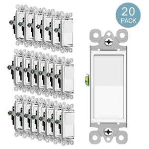 Paquete de 20 interruptores de luz basculante de pared decoradores autoconexión a tierra encendido/apagado listados por UL blancos - Imagen 1 de 12