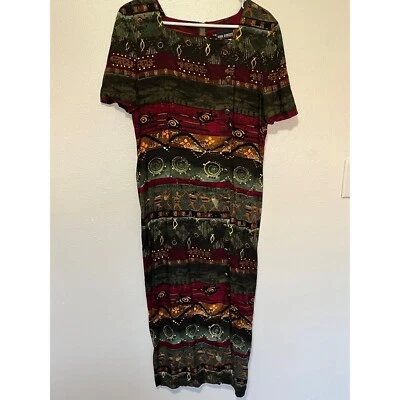 Vintage Geometric Tribal Striped Asymmetric Button Mixed Print Dress Womens Size - Image 1 of 4