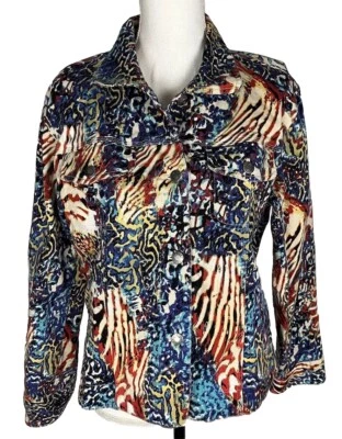 Chicos 女式动物印花领纽扣前长袖牛仔夹克 1 — 第 1/4 张图片