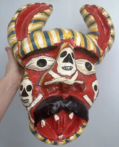 Large Mexican Folk Art Paper Mache Diablo Alebrije Devil Skulls Teeth Mask - Picture 1 of 4