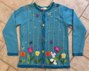 Quacker Factory Spring Easter Blue Button Up Cardigan Sweater Women's Size S - Picture 1 of 17