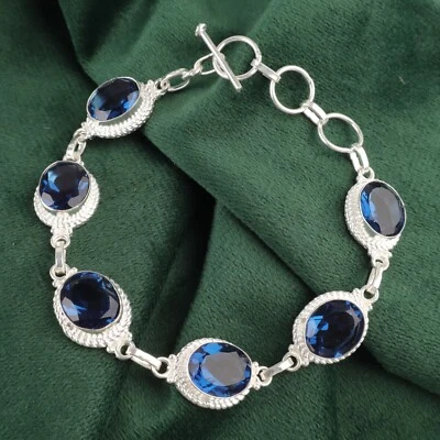 Natural London Blue Topaz Gemstone 925 Sterling Silver Chain Bracelet For Women - Image 1 of 4