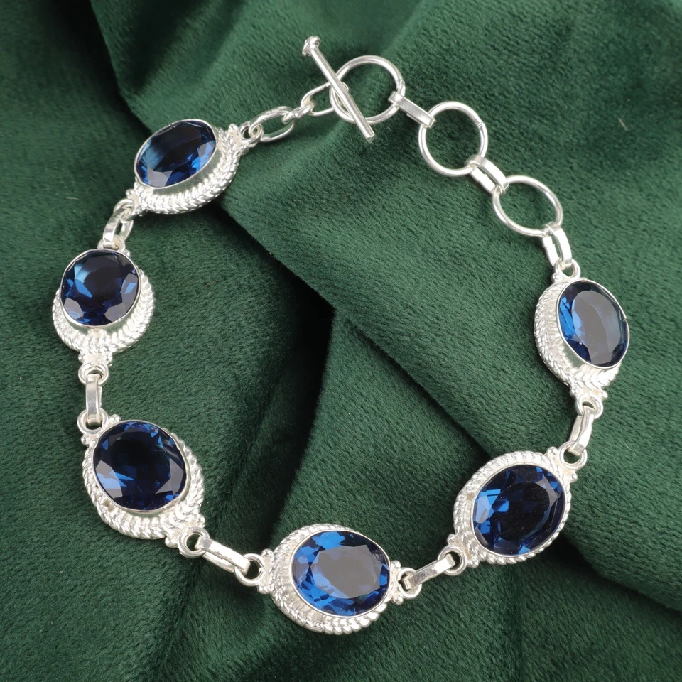Brazalete de cadena de plata de ley 925 con piedras preciosas de topacio azul de Londres natural para mujer Foto 1 de 4