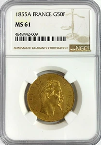 France 1855A GOLD 50 Francs NGC MS61 AGW 0.4667 oz. Napoleon III Investment Slab - Picture 1 of 2