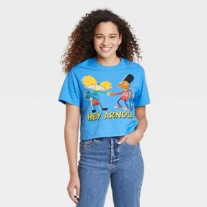 Women's Nickelodeon Hey Arnold Short Sleeve Cropped Graphic T Shirt Blue Large - Picture 1 of 7