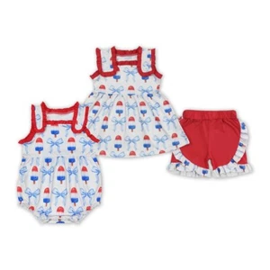 July 4th Patriotic Popsicle Blue Bow Bubble and Short Set Collection - Picture 1 of 5