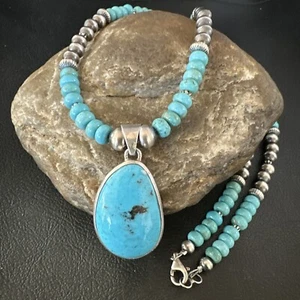 Blue Kingman Turquoise Pendant Navajo Sterling Silver Necklace 21” 16932 - Picture 1 of 12