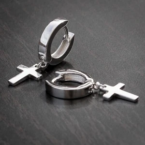 White Gold Plated Mens Silver Cross Dangle Hanging Huggie Hang Hoop Earrings - Picture 1 of 4