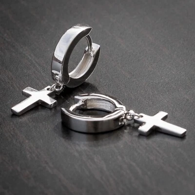 White Gold Plated Mens Silver Cross Dangle Hanging Huggie Hang Hoop Earrings - Image 1 of 4