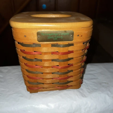Vintage Longaberger Holiday 1999 Square Tissue Holder Basket W/Wood Lid EUC Cover