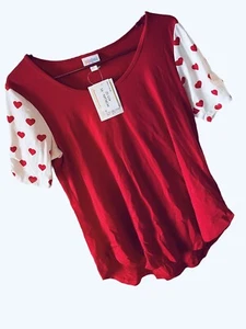 NWT Lularoe Morgan Top- Solid Red w/ White & Red Heart Sleeves- Rare XS - Picture 1 of 6