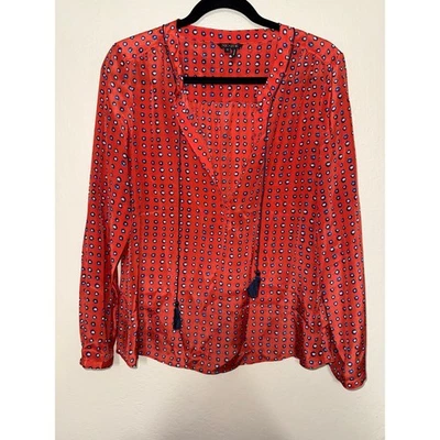 Blusa NIC+ZOE Roja Azul Lunares Seda Mujer Mediana Manga Larga Borla Corbata Cuello Foto 1 de 4