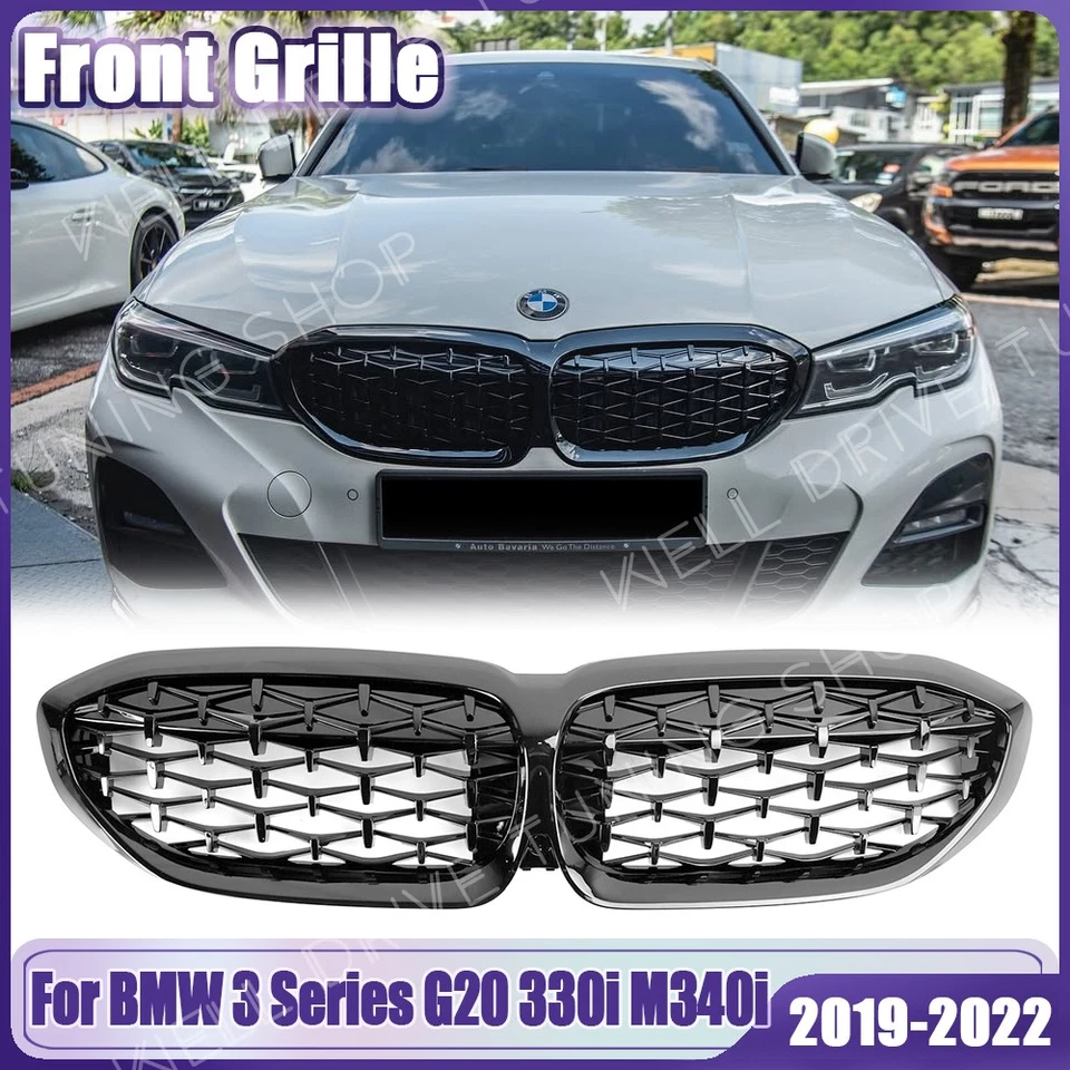 Glossy Black Front Kidney Diamond Grill Grille for 2019-2022 BMW G20 330i M340i - Image 1 of 4