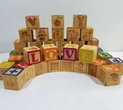 37 Wooden Alphabet Blocks with Numbers Incomplete Missing G and S with carry... - Image 1 of 4