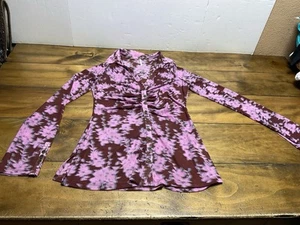 Free People Lucky Shirtee Size Medium Shirt Mesh Ruched Button Front Floral - Picture 1 of 11