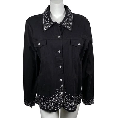 Quacker Factory Sequin Denim Jacket Womens XL Buttons Long Sleeve Stretch Black - Image 1 of 4