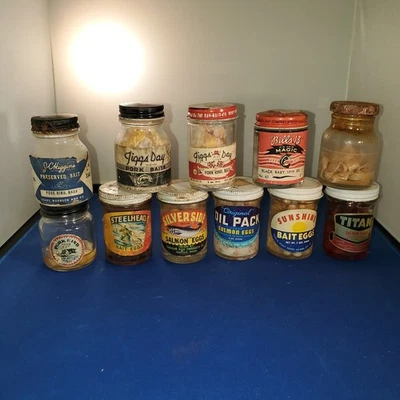 Lote 11 frascos de cebo de corteza de cerdo vintage y frascos de huevo de salmón Al Foss JC Higgins más WOW Foto 1 de 2