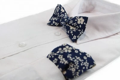 Mens Navy & White Flowers Cotton Bow Tie & Pocket Square Set - image 1 of 4