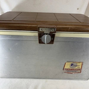 Vintage 60’s Aluminum Poloron Thermaster Ice Cooler Chest 40 Qt Wood Grain Top - Picture 1 of 13