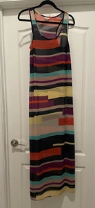GUESS Los Angeles Sheer Side Slit Long Maxi Dress Multicolored Stripped XSmall - Picture 1 of 7