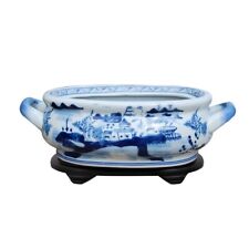 Beautiful Blue and White Landscape Porcelain Foot Bath w Stand