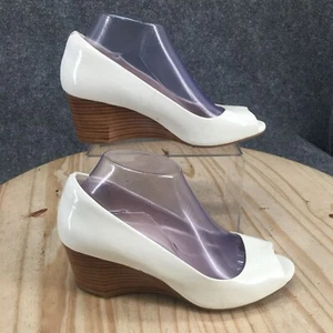 Cole Haan Sandals Womens 7.5 Sadie Wedge Pumps White Leather Casual Peep Toe - Picture 1 of 18