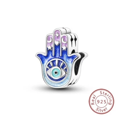 MULA Solid 925 Sterling Silber DIY Charm Blau Emaille Auge und Palme Für Armband - Bild 1 von 4