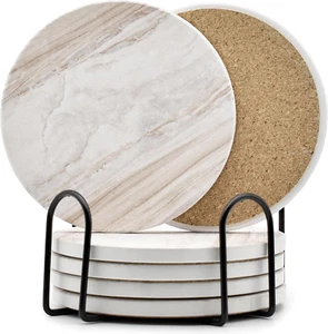 6Pcs Drink Coasters with Holder, Marble Style Ceramic Drink Coaster, Absorbent C - Picture 1 of 12