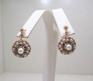 ART DECO 14 KT YELLOW GOLD BLUE SAPPHIRE & PEARL DANGLE EARRINGS - Picture 1 of 6