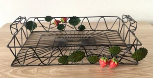 Vintage Wire Fruit Basket Black Metal Rectangular Tray w/ Strawberry Leaf Decor - Picture 1 of 8