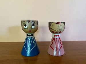 Vintage Pair of Wooden Hand Painted Boy & Girl Egg Cups Holders Easter 3.25 Inch - Picture 1 of 6