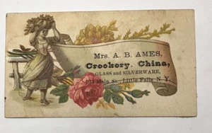 Victorian trade card Mrs. AB Ames, Geschirr, China, Glas Little Falls, NY B85 - Bild 1 von 3