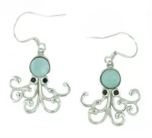 925 Sterling Silver Natural Larimar Dangle Earrings - Hawaiian Octopus - Picture 1 of 2
