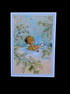 1 Tarjeta de felicitación de Navidad Mary Hamilton de colección sin usar ángel disfrutando de la caída de nieve con amigos - Imagen 1 de 3