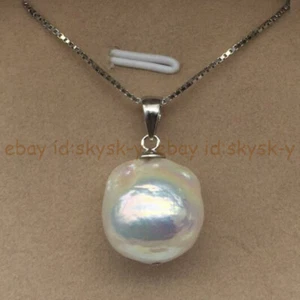 Huge 13-14mm White South Sea Baroque Edison Pearl Pendant 925 Chain Necklace 17" - Picture 1 of 6