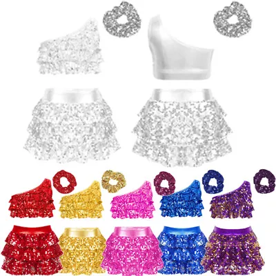 UK Girls 3Pcs Sequins Dance Outfits Crop Top Tiered Skirt Jazz Latin Dancewear  - Image 1 of 4