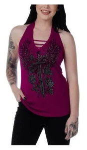 Liberty Wear Women's Embellished Vengeance Dagger Halter Top - Magenta Pink - Picture 1 of 3
