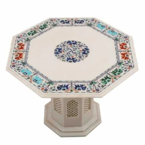 Mesa de centro de mármol blanco 24" incrustación de malaquita lapislázuli con decoración de soporte de mármol - Imagen 1 de 4