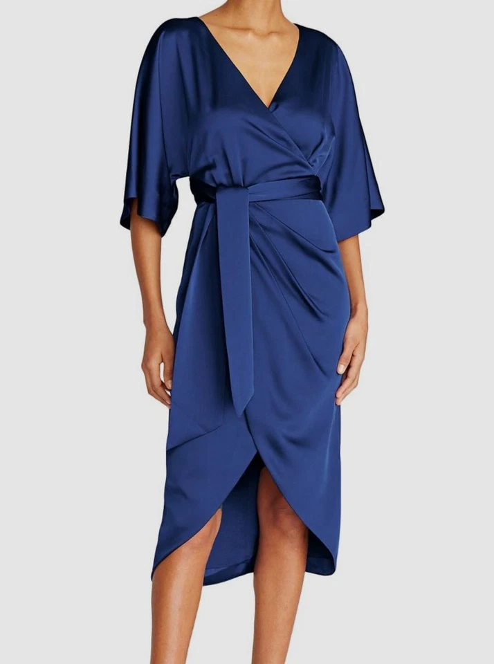 Theia Women's Blue Satin Surplice Short Sleeve Self Tie Wrap Dress Size 6