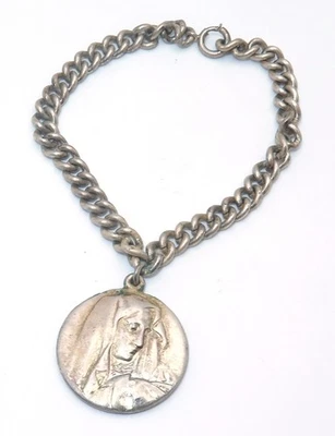 Vintage 925 Sterling Silver Link 7.5" Virgin Mary Medal Bracelet 26.3 Scrap - Image 1 of 4