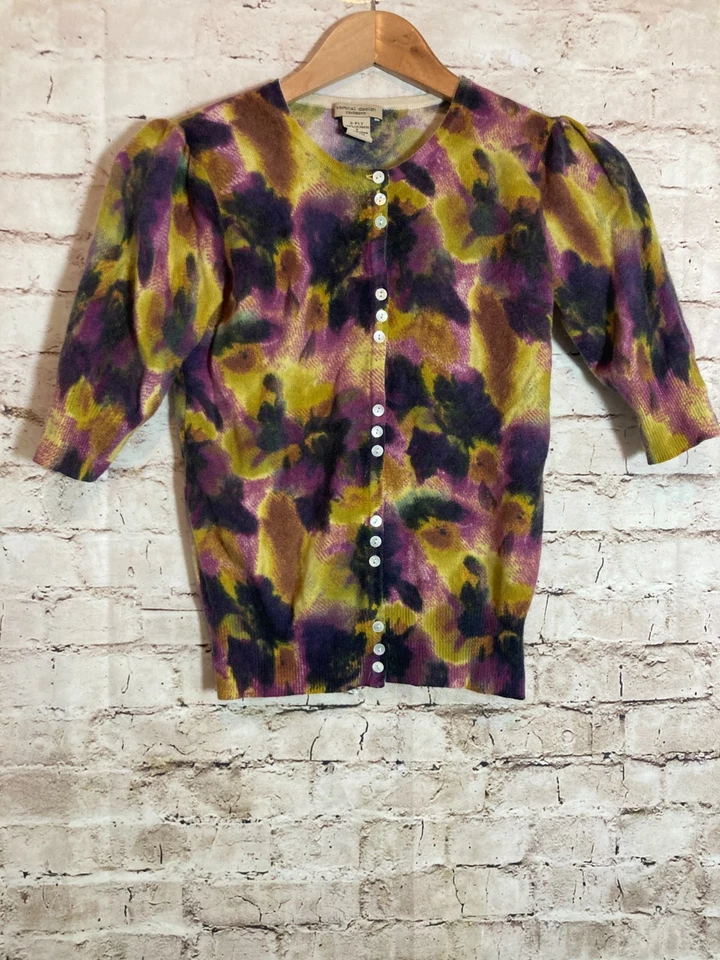 Vertical Design Cashmere Sweater Small Purple Watercolor Floral Artsy Cardigan - Image 1 of 4