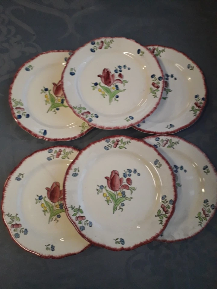 🍽️ 6 Assiettes Anciennes Gien Modèle Lorraine Vaisselle Vintage Motifs  tulipe - Photo 1/4