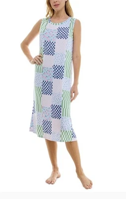roudelain Womens Printed Sleeveless Nightgown Knit EHJS362M Ditsy Check Blue M - Image 1 of 3